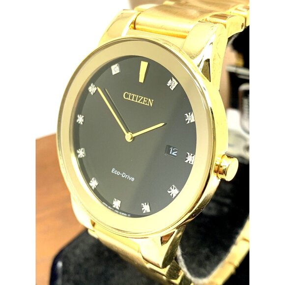 Citizen Men's Watch AU1062-56G Eco Drive Diamond Accent Black Dial Gold Steel - Picture 1 of 13